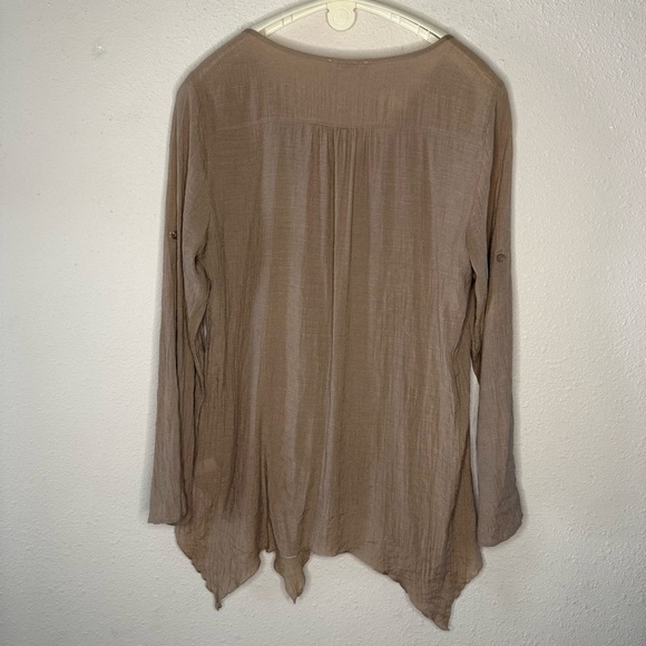 Spense Button Front Tunic Asymmetrical Shirt Lagenlook Tan Roll Tabs Women’s XL - Picture 2 of 13